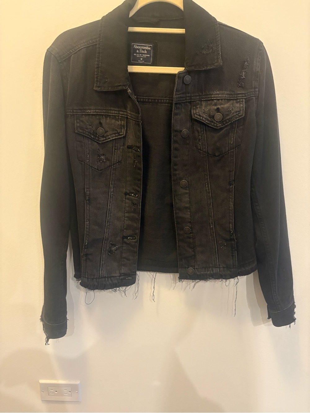 Abercrombie & Fitch Black Distressed Denim Jacket with Frayed Hem